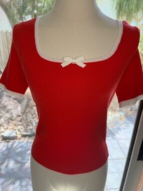 Anniewear Red Ribbed Scoop Neck Knit Top with White Trim and Bow